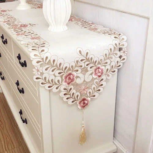 Vista 9 de Arzoe Camino de mesa de encaje con flores europeas vintage, corredores elegantes, decoración de mesa de armario y comedor (borgoña, 16×59 pulgadas)