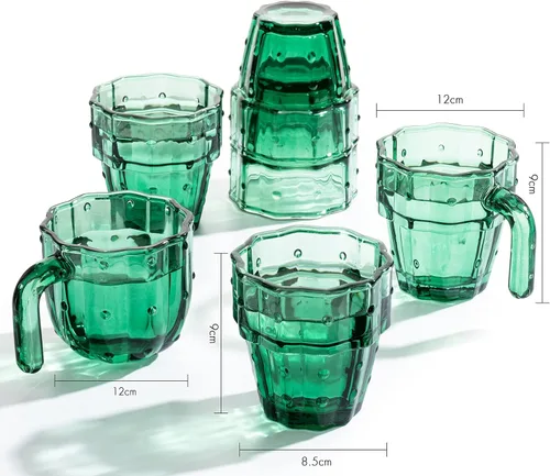Vista 3 de Vasos apilables de cactus, regalos Stacktus, juego de vasos con forma de cactus de 6 a 10 onzas con asas, figuras de vidrio verde soplado