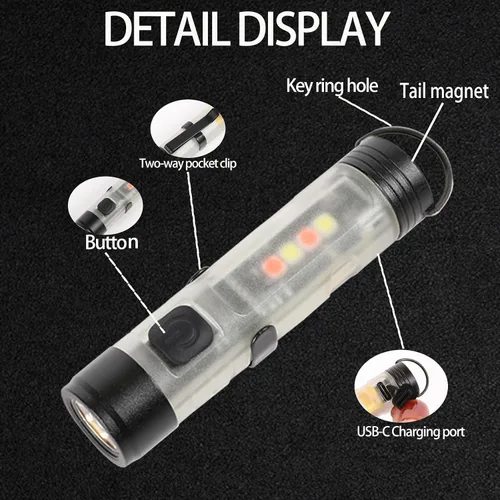 Vista 7 de Paquete de 3 mini linterna recargable EDC con llavero de 300 lúmenes, USB C recargable, luz de flash, mini llavero portátil compacto con clip