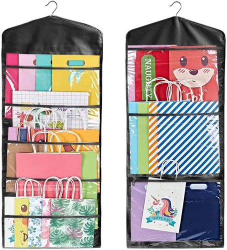 Vista 12 de Bolsa de regalo y almacenamiento de papel de seda, organizador colgante con múltiples bolsillos delanteros y traseros de doble cara, organiza papel