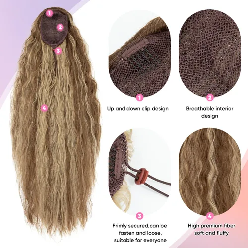 Vista 5 de Extensión de cola de caballo con cordón de 26 pulgadas de largo, esponjoso, ondulado, para mujeres negras, extensiones de cabello rizado para uso