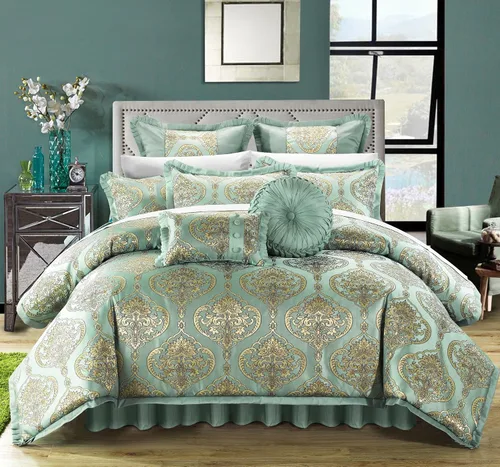 Vista 2 de Juego de ropa de cama Chic Home de 9 piezas de jacquard, incluye colcha y almohadas, Microfibra, Azul, King