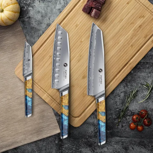 Vista 6 de Juego de cuchillos de cocina de 3 piezas, juego de cuchillos de chef japoneses con núcleo de acero en polvo S35VN, mango de resina y madera, juego