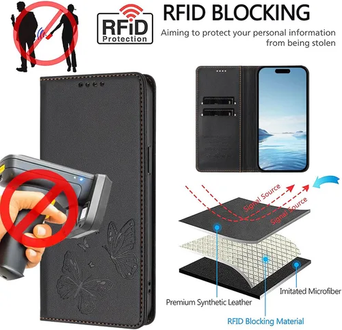 Vista 9 de Butterfly Embossed Leather Wallet Flip Case for Motorola Moto E22i 4G, Magnetic Closure, RFID Blocking Cover, Card Holder Black.