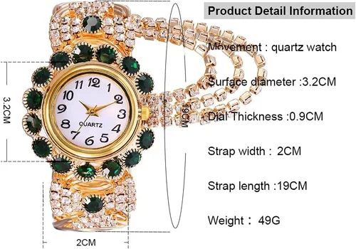 Vista 3 de CdyBox Reloj de pulsera de cuarzo con tachuelas de diamantes para mujer, reloj de pulsera de aleación abierta de moda