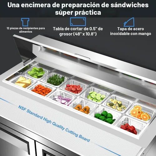Vista 4 de Coolski mesa comercial para preparar sándwiches y ensaladas, refrigerador comercial de 48 pulgadas con 2 puertas y 12 bandejas, refrigerador