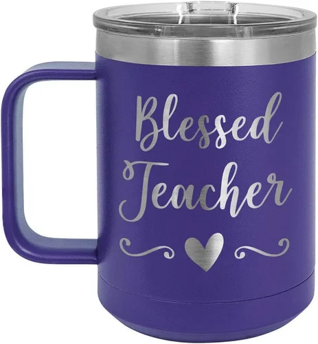 Vista 8 de BLESSED TEACHER Negro 15 oz Taza de café w/tapa deslizante Taza de café de viaje aislada Ideas de regalos de cumpleaños o Navidad de mujeres u