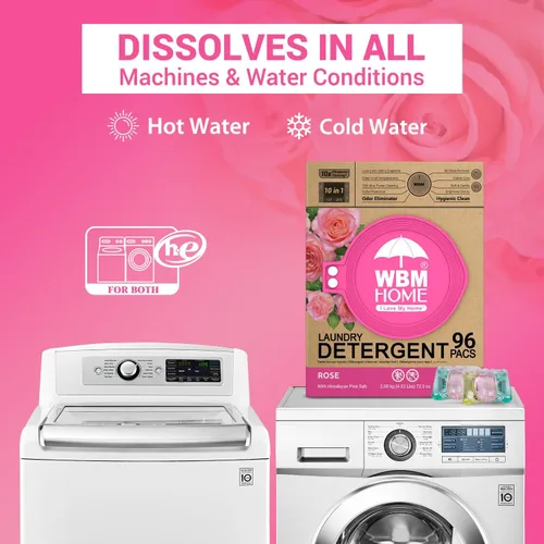 Vista 4 de WBM Home Cápsulas de lavandería 5 en 1, total de 96 unidades, ultra concentrado con potente tecnología de levantador de manchas, suavizante de tela