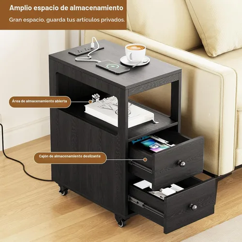 Vista 6 de Mesa auxiliar estrecha con estación de carga y ruedas, mesa auxiliar de sofá estrecha móvil con puertos USB y salidas para espacio pequeño, sala