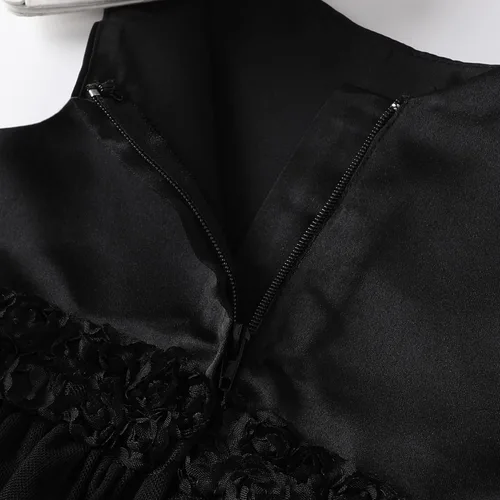 Vista 5 de OPAWO Vestido negro para niña pequeña, dama de honor, 3D, tul de encaje, vestido de princesa de satén, vestido de fiesta, concurso, funerario