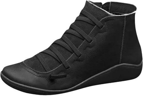 Vista 4 de Gibobby Botines de tacón plano para mujer, botas de tobillo con soporte de arco, botas de amortiguación con cordones y cremallera lateral