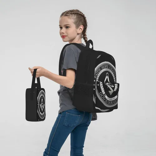 Vista 7 de SWEET TANG Mochila escolar para estudiantes, con logotipo masónico de Fe, Esperanza y Caridad, Masón, Negro, Viaje, Senderismo, Gran Capacidad