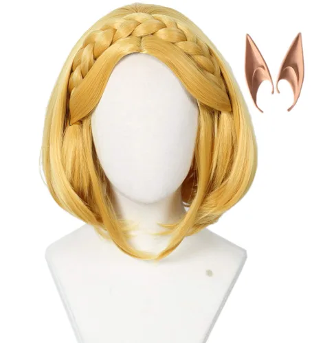 Vista 7 de Linfairy Peluca larga rubia para mujer, pelucas de cosplay de Halloween con 2 orejas de elfo