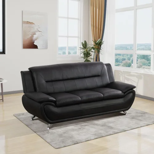 Vista 8 de Juego de sofá de cuero negro de 3 piezas para sala de estar, apartamento/oficina (sofás de cuero negro, juego de muebles de 3 piezas)