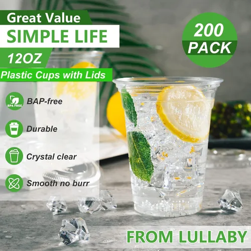 Vista 4 de Lullaby Paquete de 200 vasos de plástico desechables con tapas + 200 vasos de plástico desechables