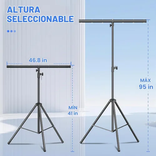 Vista 3 de Soporte de luces de DJ con barra redonda en T, trípode resistente Par Can para 7 luces, soporte de luz de escenario, altura ajustable de 41 a 95
