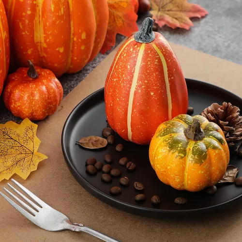 Vista 5 de Ywlake 16 piezas de calabazas de otoño, decorativas grandes y pequeñas para exteriores, de espuma naranja, de plástico, falsas, calabazas