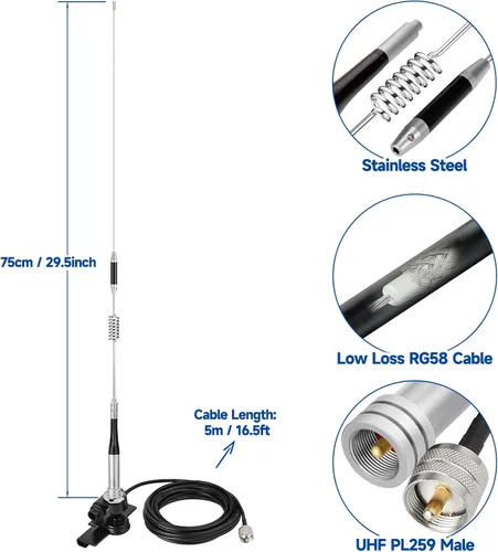 Vista 2 de Bingfu Antena de radio móvil de radioaficionado VHF UHF 136-174MHz 400-470MHz Radio aficionado Radio de dos vías Antena de radio con soporte fijo