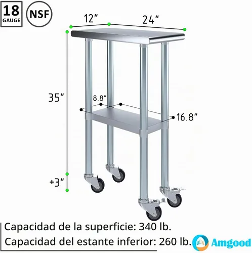 Vista 3 de AmGood - Mesa de trabajo de acero inoxidable con ruedas, 24 x 12 pulgadas