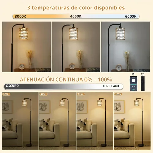 Vista 2 de LAMSU Lámpara de pie con control remoto, lámpara de pie de ratán regulable con bombilla LED, lámpara de poste alto industrial negra con pantallas