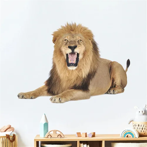 Vista 3 de Calcomanías de pared con texto en inglés "The Fierce Leon", calcomanías de pared de animales salvajes extraíbles para sala de estar, dormitorio
