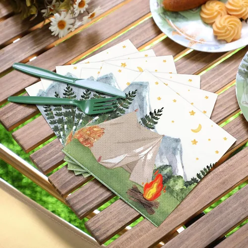 Vista 5 de Nefelibata Servilletas de papel para campamento con decoración de cumpleaños, servilletas de papel con acuarela, tienda de campaña de acuarela