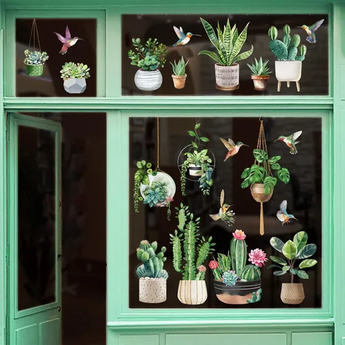 Vista 2 de Wondever Pegatina de cristal de colibríes, cactus botánico tropical, plantas colgantes, anticolisión, doble cara, estáticas para ventana