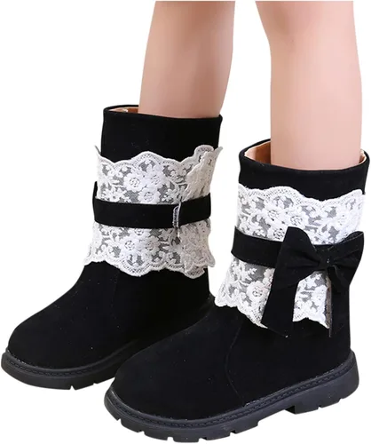 Vista 3 de Baby Girls Snow Boots Kids Booties Non-Slip Princess Shoes Toddler Winter Warm Prewalker Lace Bow Shoes Fleece Footwear