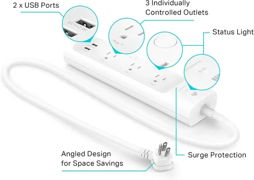 Vista 3 de kasa smart Regleta de alimentación KP303, protector de sobretensiones con 3 tomas inteligentes controladas individualmente y 2 puertos USB, funciona