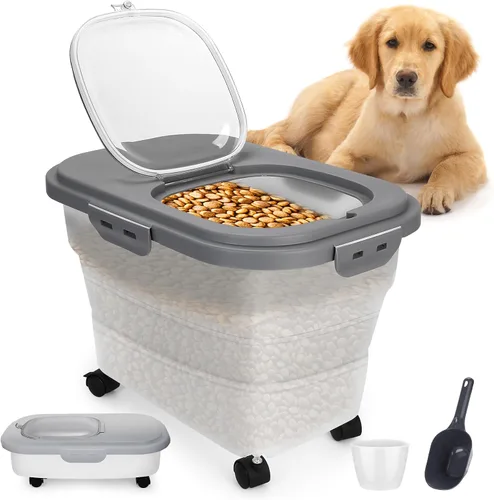 Vista 8 de Contenedor de comida para perros, contenedor plegable de almacenamiento de alimentos para mascotas de 17 a 20 libras con ruedas giratorias y tapa