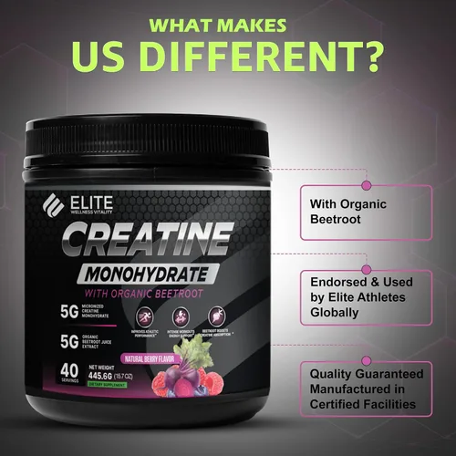 Vista 6 de Elite Wellness - Monohidrato de creatina con sabor a bayas con suplemento orgánico de remolacha, apoya la fuerza muscular, la resistencia