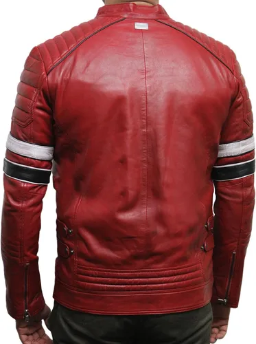 Vista 6 de Chaqueta de cuero negro para hombre - Cafe Racer Real piel de oveja de piel envejecida chaqueta de motocicleta