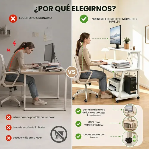 Vista 5 de Escritorio compacto de 39.4 pulgadas para computadora con mesa de trabajo de niveles y ruedas con bloqueo, escritorio pequeño para dormitorio