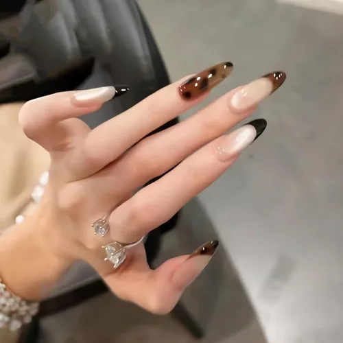 Vista 23 de BABALAL Uñas postizas largas a presión de estilo stiletto, uñas postizas francesas de lujo, con pegamento, diseño de diamantes de imitación