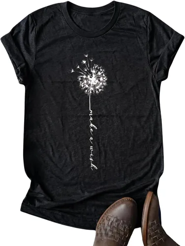 Vista 3 de MaQiYa - Camiseta de verano con estampado de diente de león para mujer, diseño vintage Negro