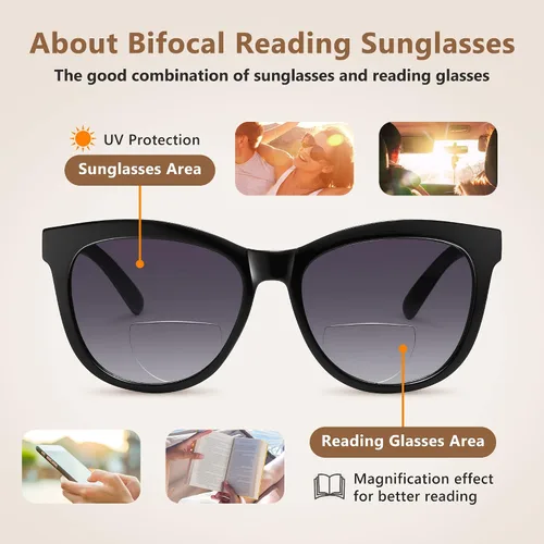 Vista 3 de EASY READ Lentes de sol bifocales de lectura para mujer, a la moda, con protección UV400 (aumento 1.00, negro)