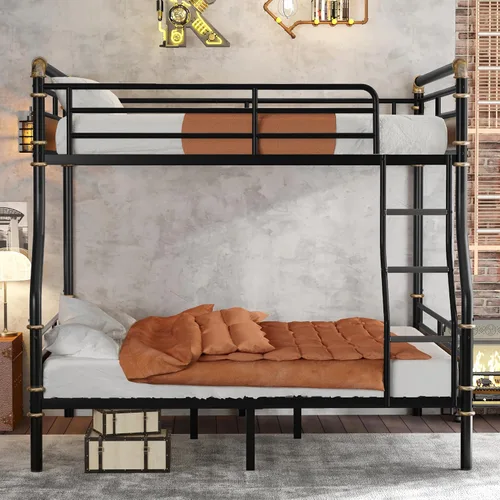 Vista 3 de KEIKI Litera desmontable de metal tamaño matrimonial XL con escaleras, cabecera de MDF y barandilla, literas modernas con listones sólidos,