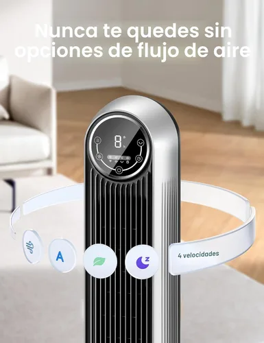 Vista 4 de Dreo Ventilador de torre sin aspas - 25 pies/s, 4 velocidades, 4 modos, oscilación de 90°, temporizador de 8 horas, ultra silencioso
