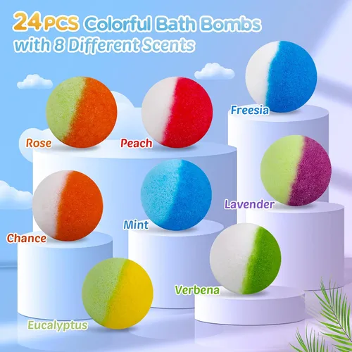 Vista 3 de Bombas de baño para niños, 24 bombas de baño con sorpresa que brilla en la oscuridad en el interior, burbujas coloridas naturales y orgánicas