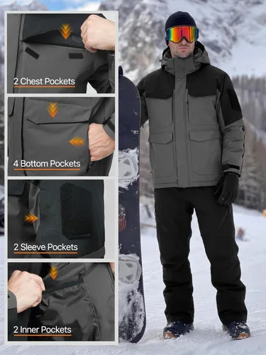Vista 7 de FREE SOLDIER Chaqueta de esquí impermeable para hombre, abrigo cálido de invierno para nieve, snowboard con múltiples bolsillos, capucha desmontable