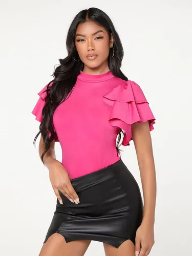 Vista 5 de SOLY HUX Women's Mock Neck Ruffle Butterfly Sleeve Skinny Bodysuit