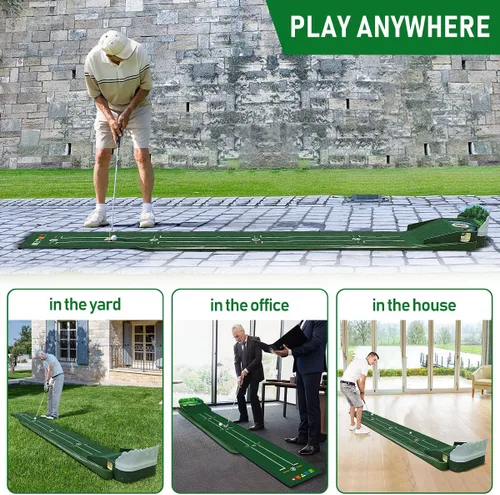 Vista 7 de Alfombrilla de golf verde para interiores y exteriores con retorno de pelota y 3 agujeros, mejora la precisión y la velocidad, duradero, resistente