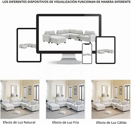 Vista 8 de Sofá modular de 103 pulgadas con 2 consolas acrílicas, juego de sofá en forma de U de gran tamaño con cargador USB, cajones de almacenamiento Beige