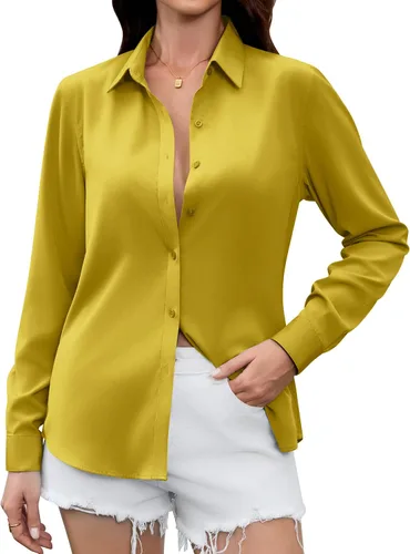 Vista 14 de Camisas Premium de Seda Satinada Suave y Transpirable con Botones para Mujer, Blusas de Manga Larga, Tops de Trabajo Casuales