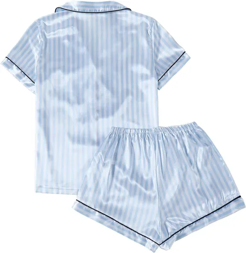 Vista 2 de LYANER - Pijama de satén sedoso a rayas para mujer, camiseta de manga corta con pantalones cortos, conjunto de pijama