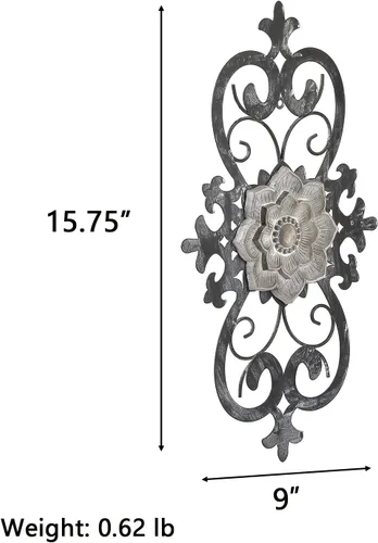 Vista 2 de Arte de pared de flores de metal, 15.75 x 9 pulgadas, decoración de pared floral de pergamino de metal, escultura de pared colgante con flor bohemia