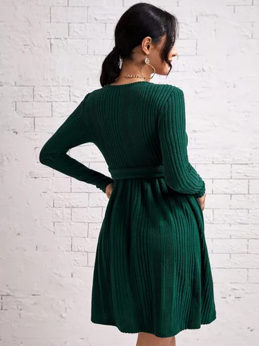 Vista 2 de MakeMeChic Vestido de maternidad para mujer, manga larga, cuello en V, acanalado, con cinturón, vestido de embarazo