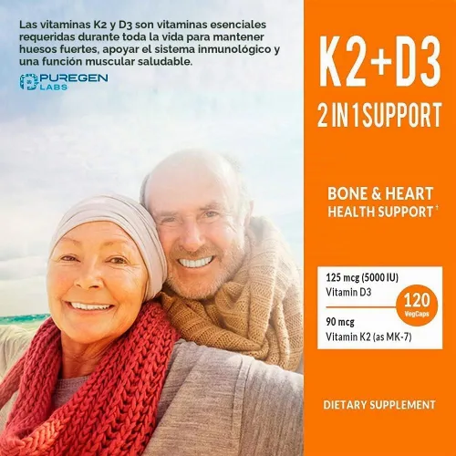 Vista 4 de Fórmula 2 en 1 de alta potencia 90mcg de vitamina K2 (MK7) y suplemento de vitamina D3 de 5000 UI para la salud ósea y cardíaca Fórmula sin OMG
