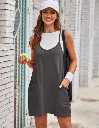 Vista 4 de Yimoon Vestido de tenis para mujer, sin mangas, mini vestido de entrenamiento con pantalones cortos, casual, tirantes delgados, vestidos atléticos
