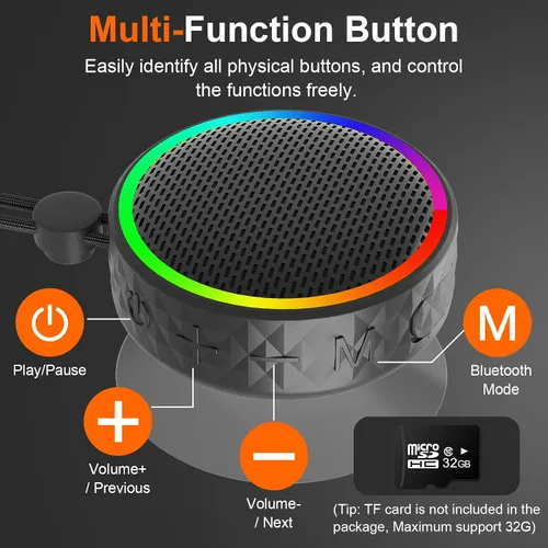 Vista 2 de Altavoz de ducha Bluetooth, altavoz inalámbrico portátil, ventosa, altavoz Bluetooth con luces RGB, sonido HD de 360°, compatible con tarjeta TF